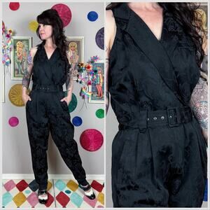 Vintage 1980s Black Floral Jacquard Sleeveless Halter Jumpsuit